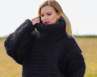 Mega thick fuzzy mohair pullover black hand knitted mohair sweater, unisex handgestrickte pullover 20 strands mohair by SuperTanya