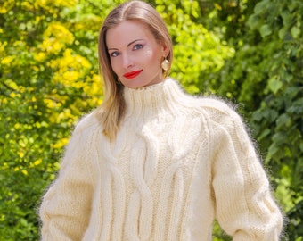 SuperTanya ivory mohair sweater designer cable knit pullover - Made to order