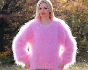 Fuzzy V neck mohair sweater hand knitted fluffy pullover warm jumper SuperTanya