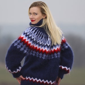 Made to order Icelandic multicolor hand knitted mohair sweater in blue by SuperTanya