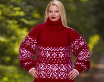 Beautiful red Icelandic sweater hand knitted mohair pullover Nordic jumper by SuperTanya