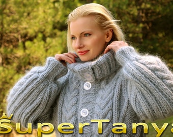 Тhick gray cardigan cable knit jacket  hand knitted sweater jacket by SuperTanya