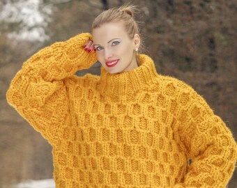 Yellow thick wool sweater chunky hand  knitted pullover by SuperTanya