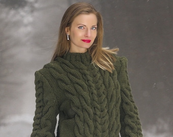 SuperTanya green wool sweater hand knitted jumper cable knit wool pullover - Ready to Ship - size L / XL