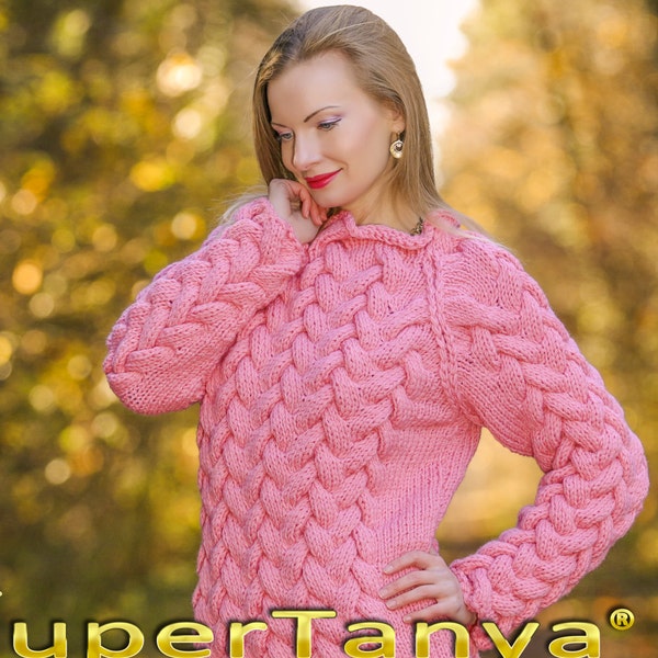 Pull en laine rose tricoté à la main de luxe, faits Boutique pull doux par collection supertanya