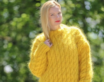 SuperTanya yellow mohair sweater, thick cable mohair pullover ready to ship size L