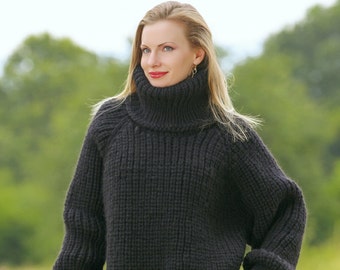 Thick wool sweater hand knitted pullover handmade turtleneck jumper by SuperTanya