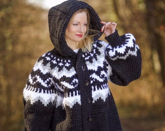Mega thick and heavy hand knitted mohair wool sweater cardigan in black, Icelandic handmade pullover by SuperTanya