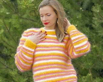 Striped hand knitted mohair sweater in yellow pink and white by SuperTanya made to order