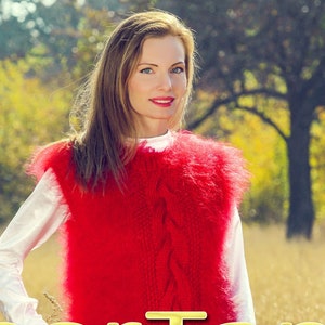 Red mohair sweater vest handmade fluffy top warm sleeveless designer sweater, SuperTanya premium knitwear, made to order