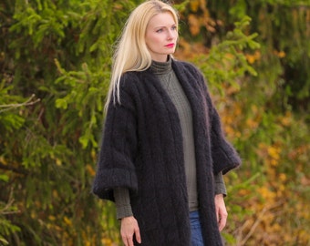 Black mohair sweater coat with satin lining by SuperTanya