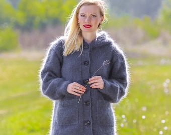 Handmade gray cardigan long mohair coatigan with hood and pockets, SuperTanya premium knitwear, made to order