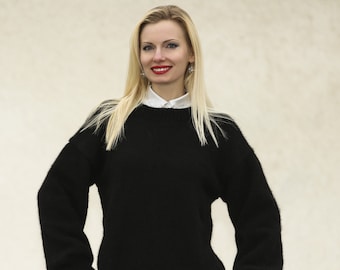 Elegant and exclusive 100% hand knitted black genuine rabbit angora sweater designed by SuperTanya
