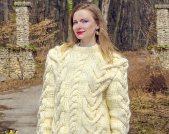 Ivory off white alpaca sweater, hand knitted designer jumper with detachable turtleneck by SuperTanya