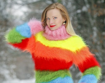 Hand knitted RAINBOW sweater multicolor turtleneck pullover fuzzy jumper handmade with luxury mohair by SuperTanya