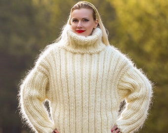 Extra thick mohair sweater ribbed ivory pullover hand knitted jumper by SuperTanya