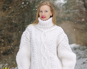 White merino wool yarn sweater hand knitted pullover by SuperTanya