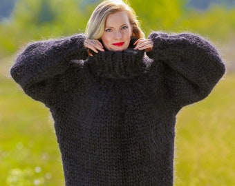 Thick fuzzy black mohair sweater hand knitted with 20 strands mohair by SuperTanya