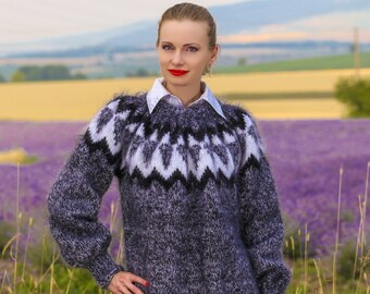 Icelandic hand knit pullover fuzzy mohair sweater, black white Nordic handmade pullover by SuperTanya