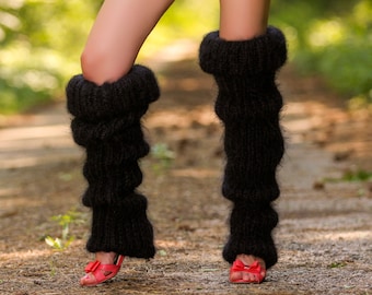 Long thick fuzzy gaiters hand knit mohair leg warmers in black by SuperTanya