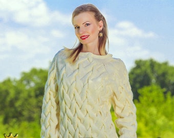 Hand knitted ivory wool sweater in white, cable knit wool blouse by SuperTanya