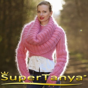 Extravagant cropped fuzzy mohair sweater with cowlneck scarf in pink by SuperTanya