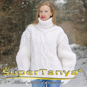 White merino wool yarn sweater hand knitted pullover by SuperTanya