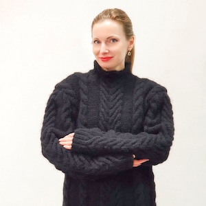 Black kid mohair sweater luxury hand knitted thick warm pullover by SuperTanya