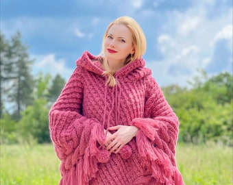 Pink wool poncho sweater cable knit handmade wrap sweater SuperTanya READY TO SHIP