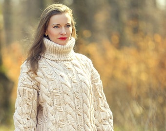 Beige merino sweater hand knitted designer wool pullover by SuperTanya