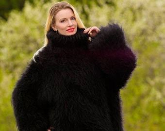 Black mohair sweater fuzzy pullover with extra long sleeves, extra brush on both sides thick pullover, ready to ship, XL, XXL, SALE
