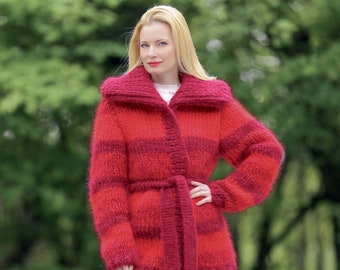 Red thick mohair cardigan handmade luxurious SuperTanya coat – ready to ship, size L-XL