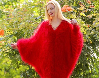 Red batwing mohair dress ready to ship slouchy sweater tunic hand knitted fluffy oversized pullover SuperTanya