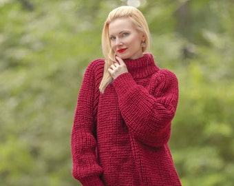 SuperTanya red wool sweater handmade ribbed pullover - READY to SHIP, size L-XL