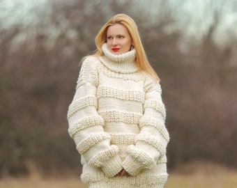 SuperTanya white wool sweater white thick natural 100 % chunky wool pullover- ready to ship - XL- XXL  size *** 2.5 KG ***