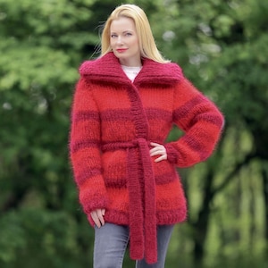 Red thick mohair cardigan handmade luxurious SuperTanya coat – ready to ship, size L-XL