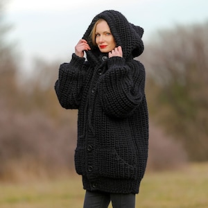 SuperTanya black wool cardigan mega thick sweater chunky ribbed pattern hoodie coat Ready to Ship size XL 3.7 KG image 1