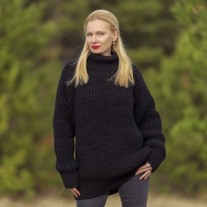 Black wool sweater handmade SuperTanya ribbed pullover - READY to SHIP, size L-XL