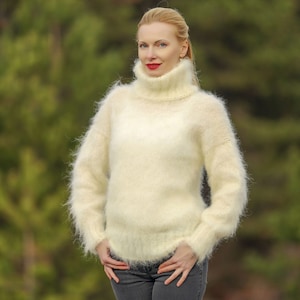 Ivory fuzzy light mohair sweater SuperTanya handmade luxurious pullover ready to ship size S-M