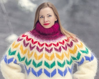 Ivory Icelandic fuzzy mohair sweater white hand knitted pullover by SuperTanya