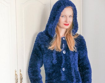 Fluffy catsuit pajama with hood decofur hand knitted bodysuit hand crafted fuzzy overall SuperTanya