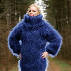 Handmade thick fuzzy long mohair sweater hand knitted pullover turtleneck jumper by SuperTanya, made to order