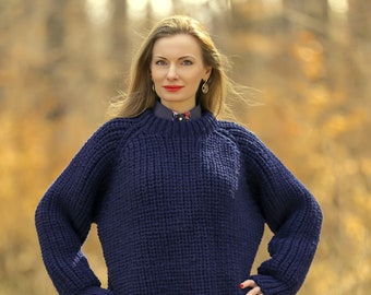 Blue merino sweater designer hand knit wool pullover by SuperTanya