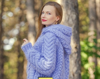 Blue cable mohair cardigan with hood hand knitted sweater jacket, SuperTanya premium handmade knitwear, made to order