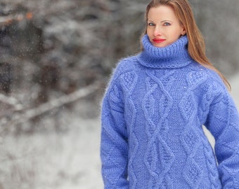 SuperTanya blue mohair sweater unique cable knit warm ski pullover  - ready to ship - size L-XL