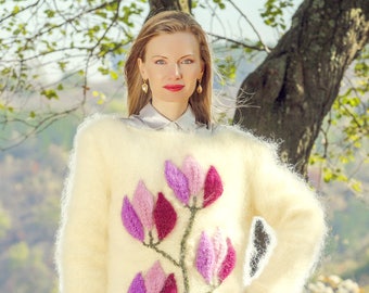 Unique luxury sweater authentic top in ivory mohair with embroidered flowers SuperTanya - made to order