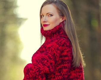 Thick red wool sweater hand crafted thick turtleneck pullover SuperTanya