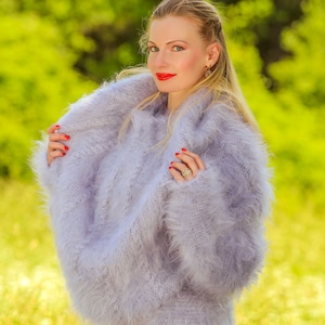 Beautiful long fuzzy mohair dress with huge cowlneck hand knitted fluffy gown by SuperTanya