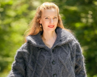 Cable knit thick sweater cardigan handmade fuzzy mohair jacket by SuperTanya