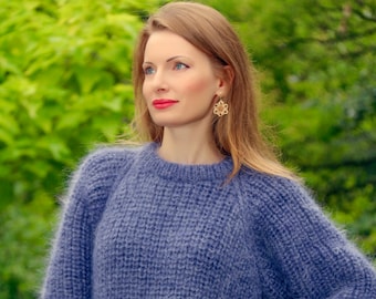 Ribbed mohair sweater hand knitted fuzzy mohair pullover by SuperTanya